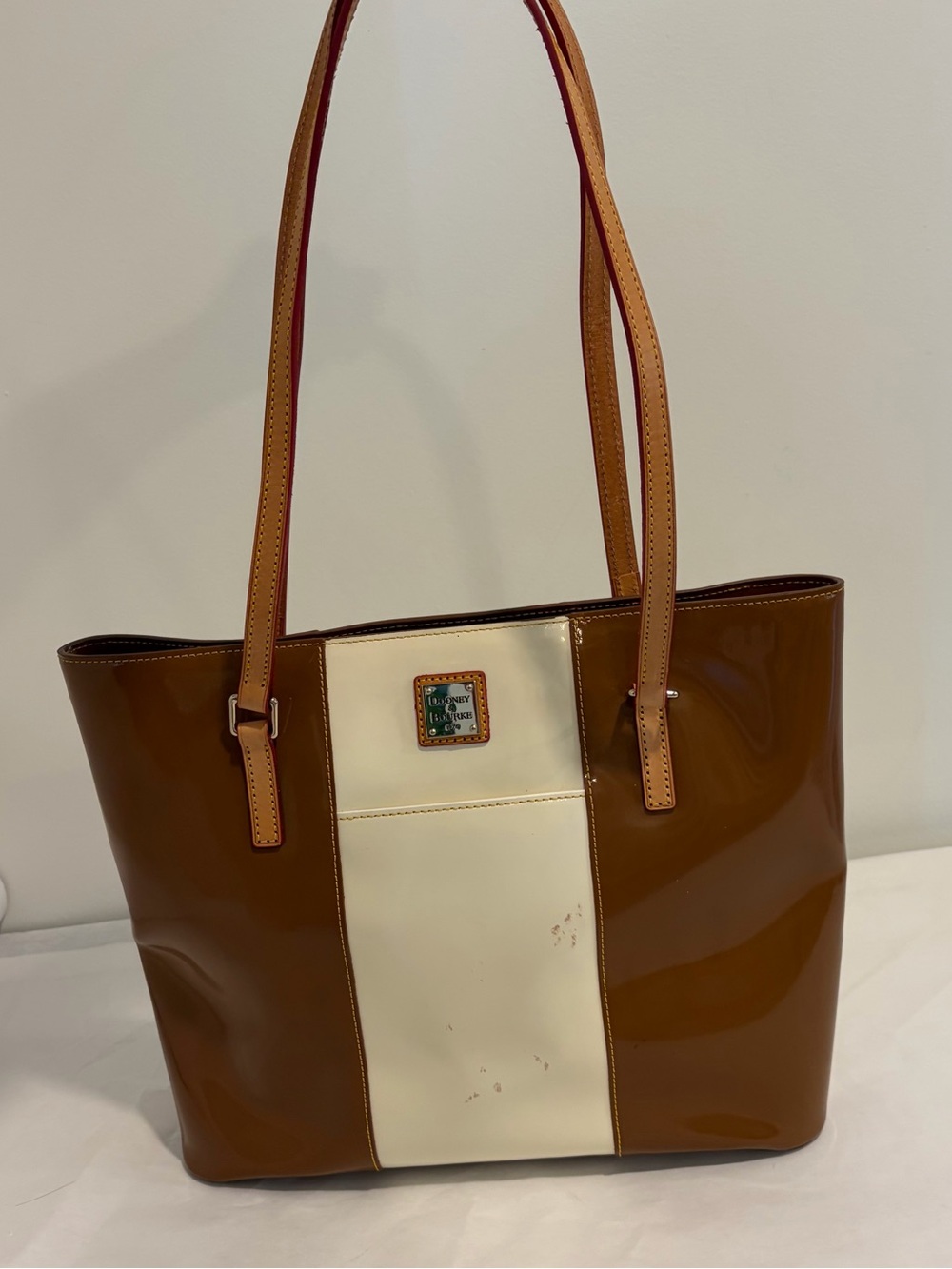 Dooney & Bourke Patent Leather Cream Brown Lexington Tote Shoulder Bag Purse